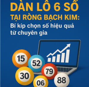 Hình ảnh minh họa dàn lô 6 số tại Rồng Bạch Kim với các con số nổi bật như 15, 52, 79, 30, 06, 88 và biểu đồ tăng trưởng trên màn hình laptop.