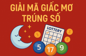 Hình minh họa giải mã giấc mơ trúng số với mặt trăng, vé số, bóng số và đồng xu vàng trên nền đỏ.