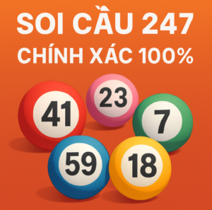 Hình ảnh Soi Cầu 247 chính xác 100% với chữ trắng nổi bật và các quả bóng xổ số nhiều màu mang số 41, 23, 7, 59, 18.
