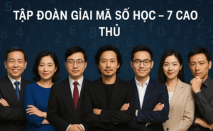 tập đoàn giải mã số học - 7 cao thủ của Tập đoàn Giải mã Số học đứng cùng nhau, nền xanh với các con số, trang phục chuyên nghiệp