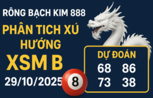 Hình ảnh phân tích xu hướng rồng bạch kim 888 ngày 29/10/2025 – Rồng Bạch Kim 888 với biểu tượng rồng trắng và dàn số dự đoán 68, 86, 73, 38.