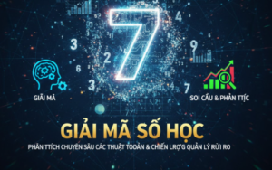 Giải Mã Số Học, các con số và biểu đồ phân tích trên nền kỹ thuật số, biểu tượng tư duy và biểu đồ tăng trưởng, minh họa các thuật toán soi cầu và quản lý rủi ro.