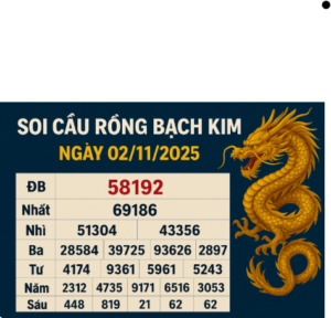 Kết quả soi cầu Rồng Bạch Kim ngày 02/11/2025 với bảng số trúng thưởng và hình rồng vàng biểu trưng cho may mắn, tài lộc.